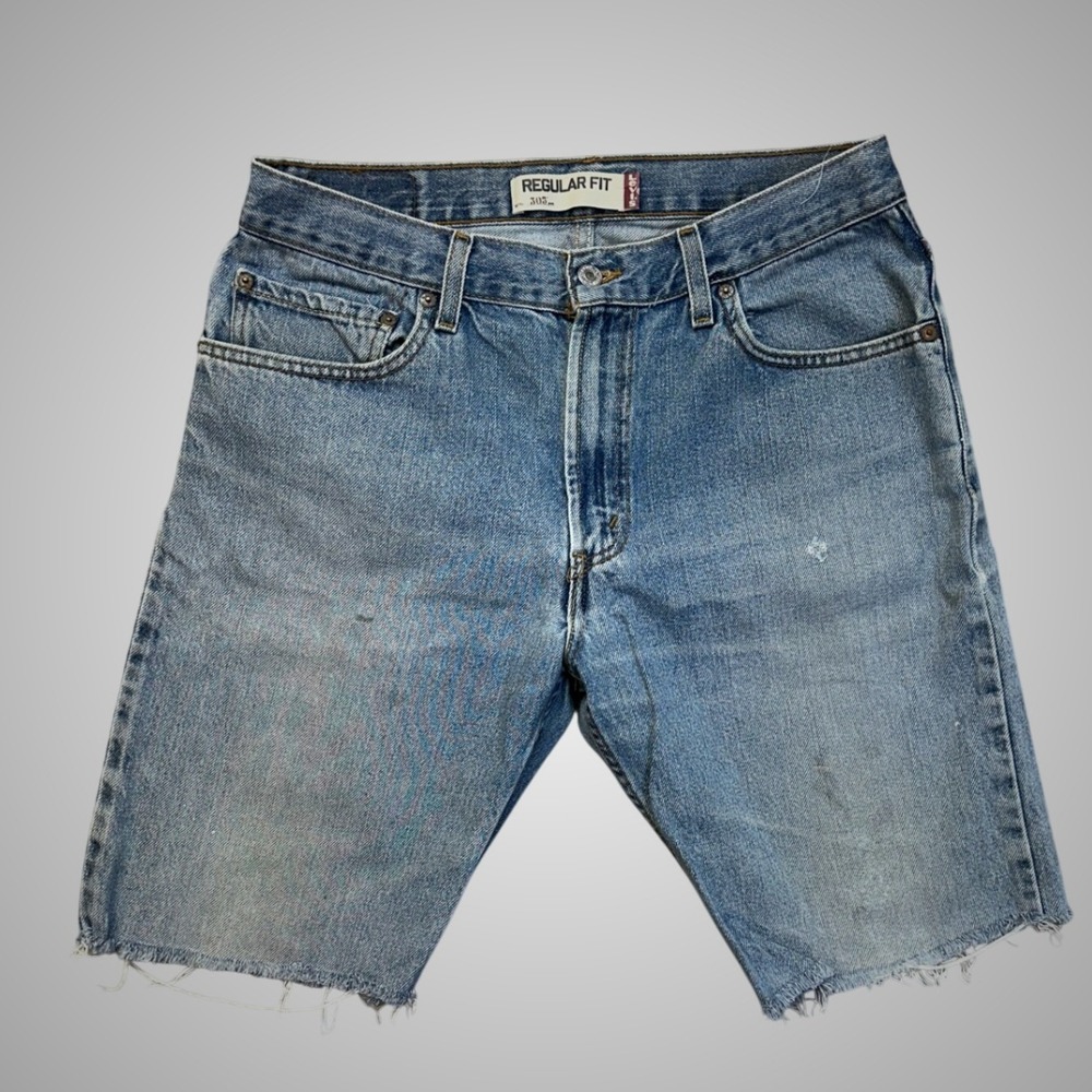 Levi's 505 Denim Shorts Men W34 Blue Good Cut-off Raw Hem Regular Fit Distressed